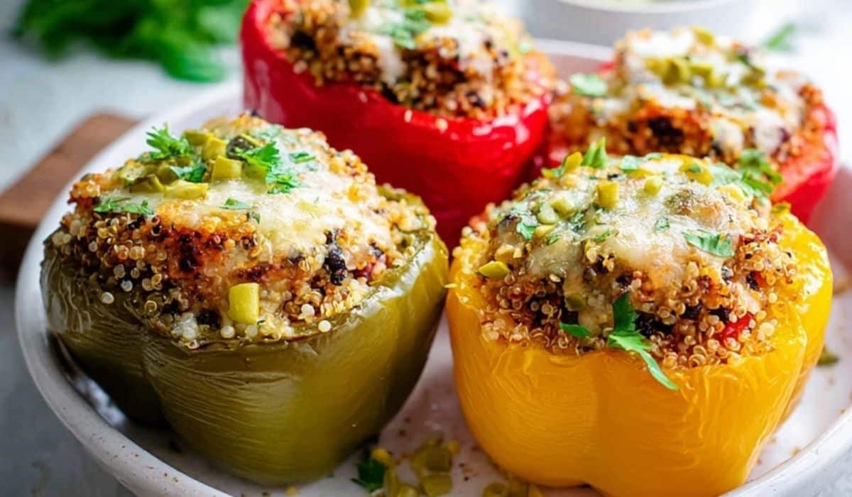 Turkey and quinoa stuffed peppers in a baking dish topped with melted cheese and herbs